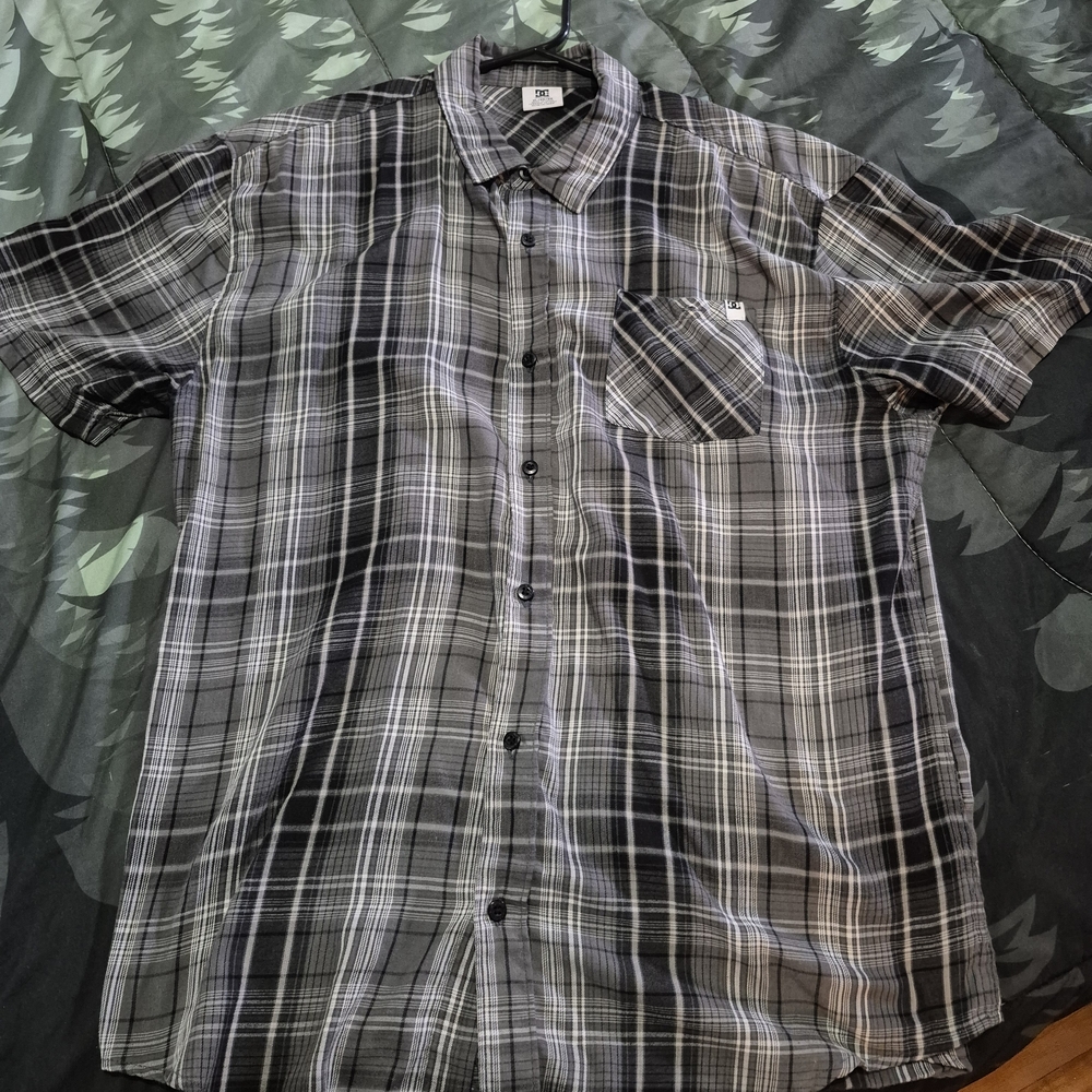 DC Men's Charcoal and White Plaid Button Down Shirt (Worn Once)